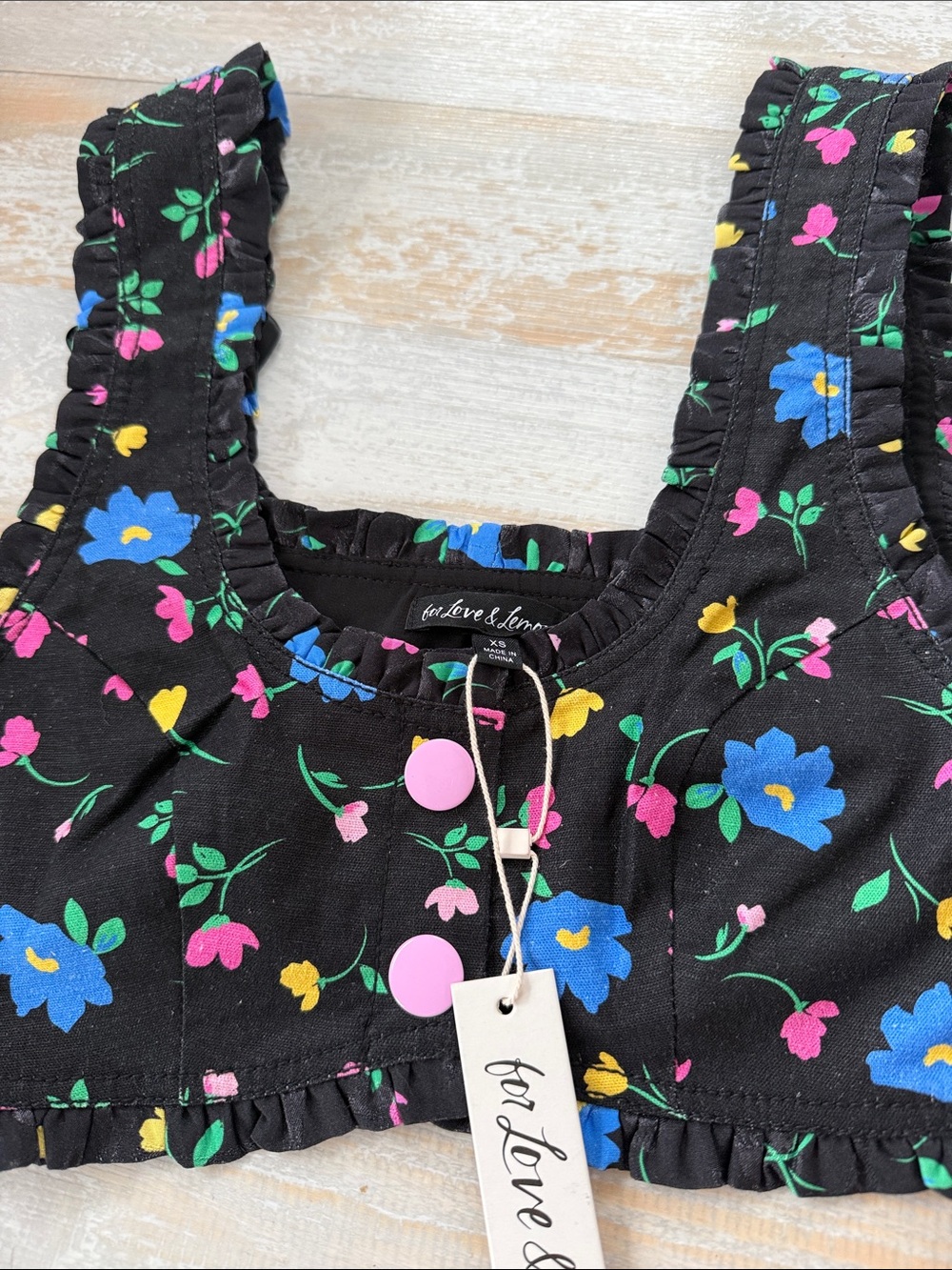 For Love And Lemons Black Floral Ruffle Top with Multicolor Bloom